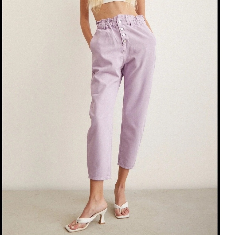 Zara Womens‎ Elastic Waist Button-Closure 100% Cotton Relaxed Lilac Jeans - 10